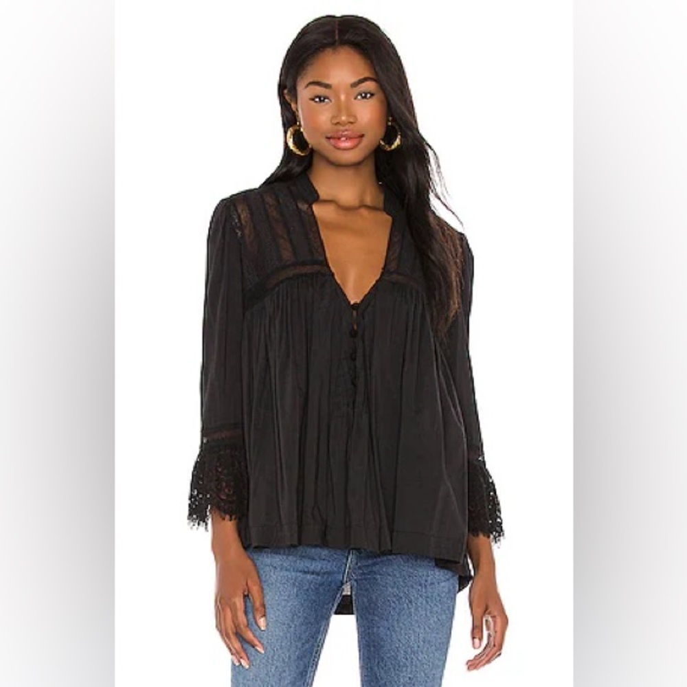Free People Esme Button Down Blouse Top Black Medium Lace Viscose Boho NWOT